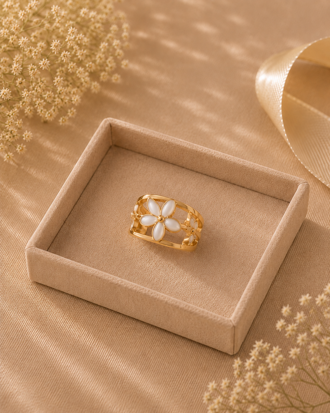 Adya Starpetal White Floral Gold-Toned Statement Ring for Women
