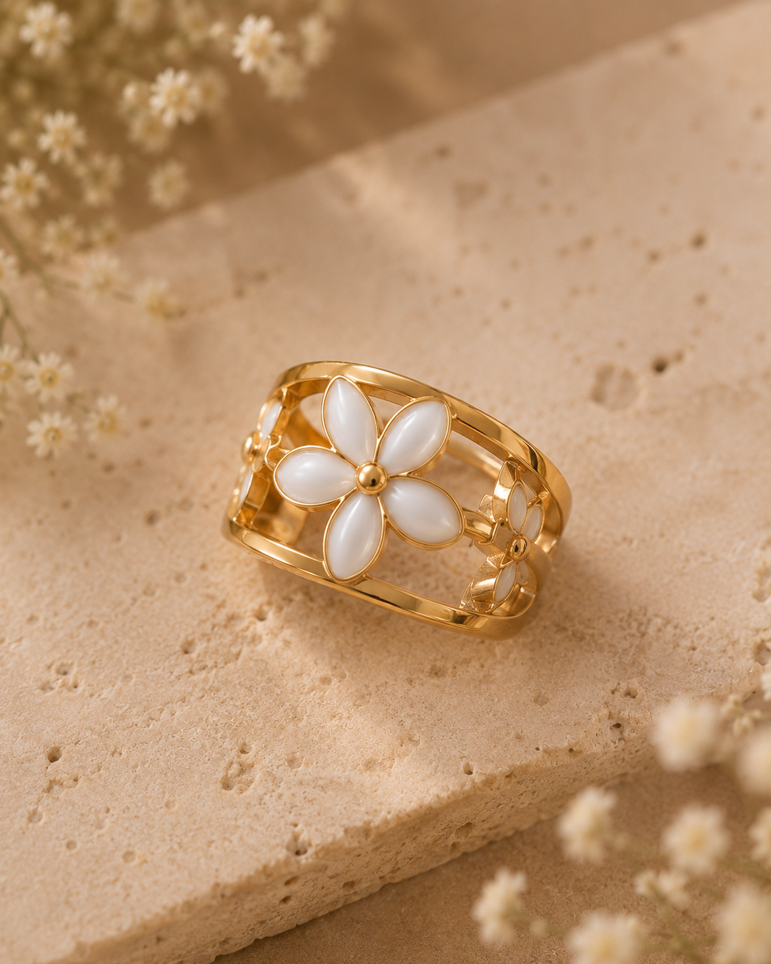 Adya Starpetal White Floral Gold-Toned Statement Ring for Women