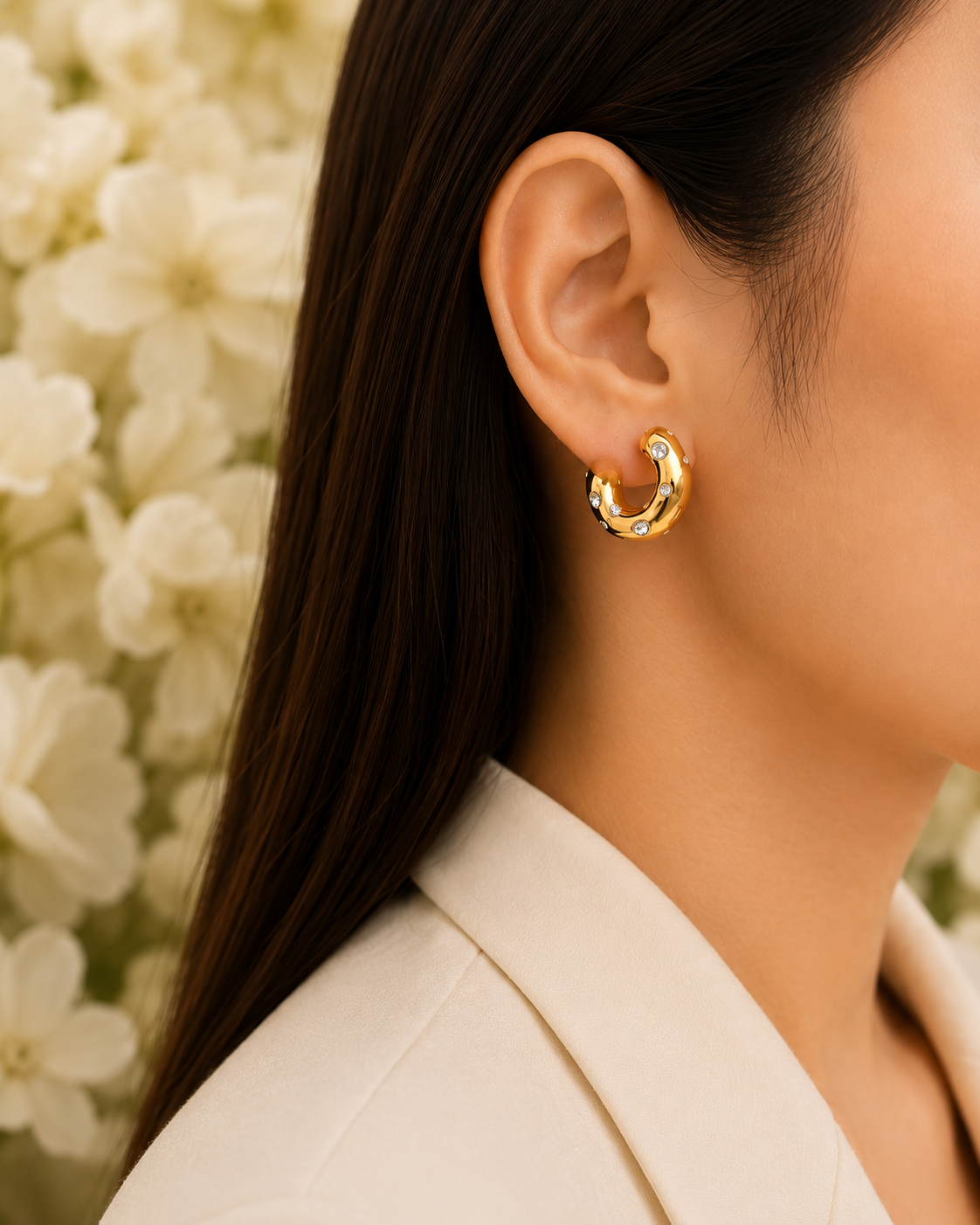 Gold-Toned Crystal Studded Chunky Hoop Earrings for Women | Statement Huggie Earrings