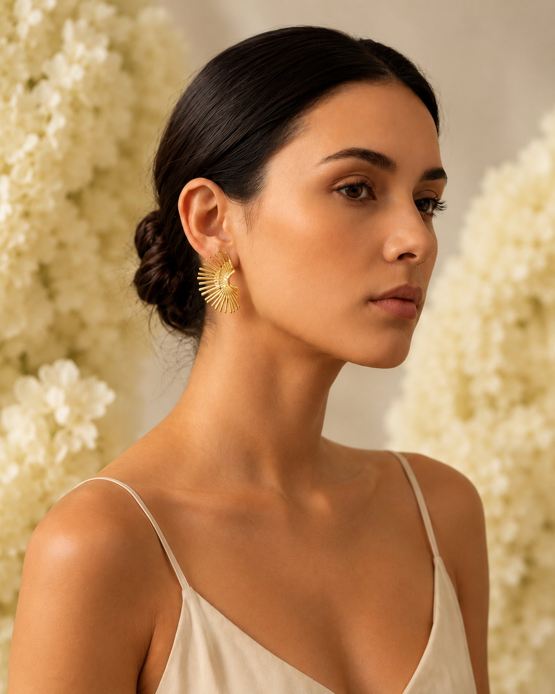 Gold-Toned Sunburst Statement Stud Earrings for Women | Fan Design Earrings
