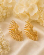 Gold-Toned Sunburst Statement Stud Earrings for Women | Fan Design Earrings