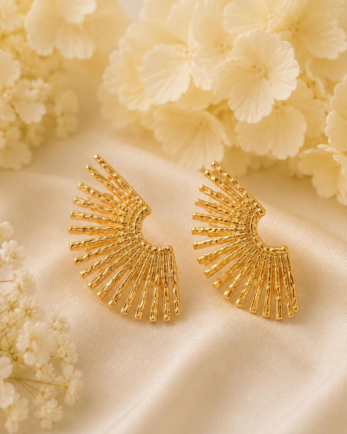Gold-Toned Sunburst Statement Stud Earrings for Women | Fan Design Earrings
