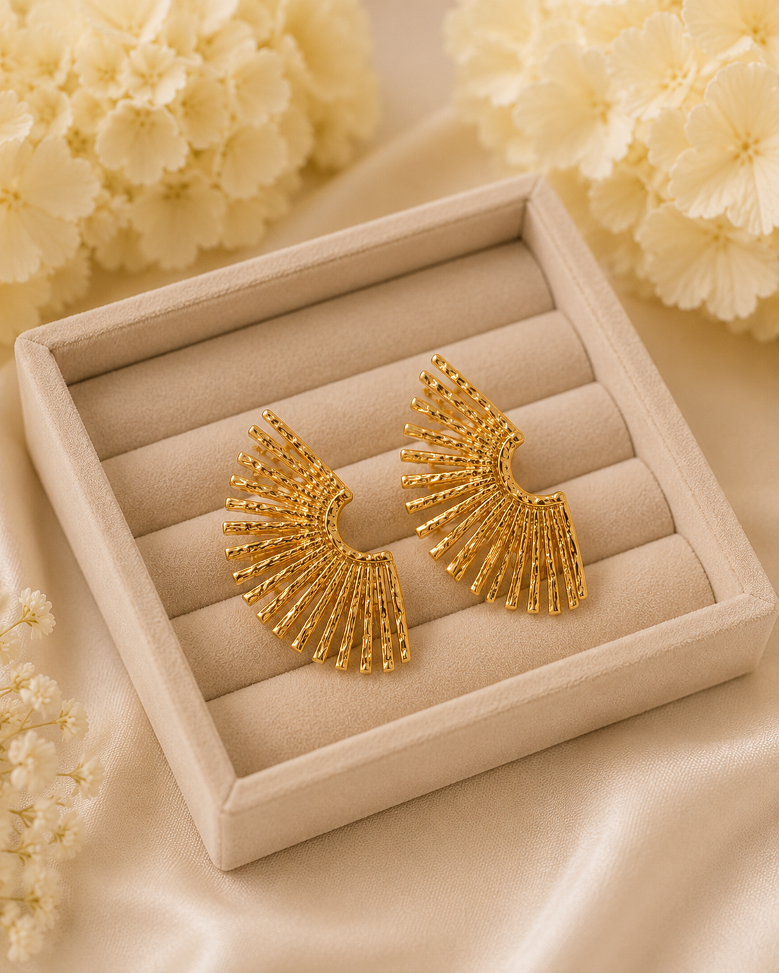 Gold-Toned Sunburst Statement Stud Earrings for Women | Fan Design Earrings