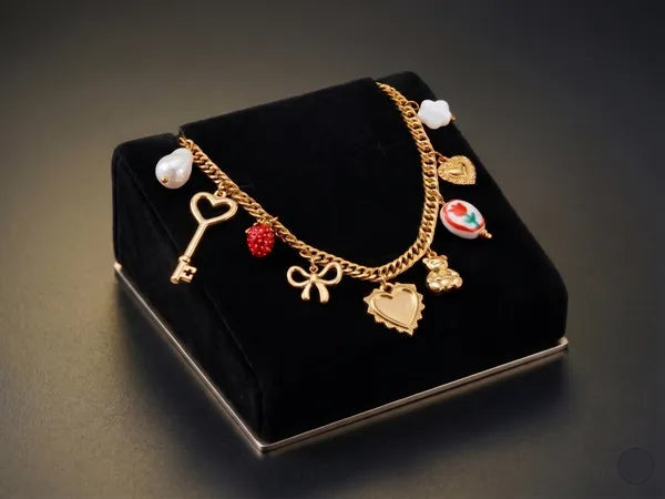 Gold-Toned Vintage Charm Necklace for Women | Multi-Charm Statement Chain Necklace