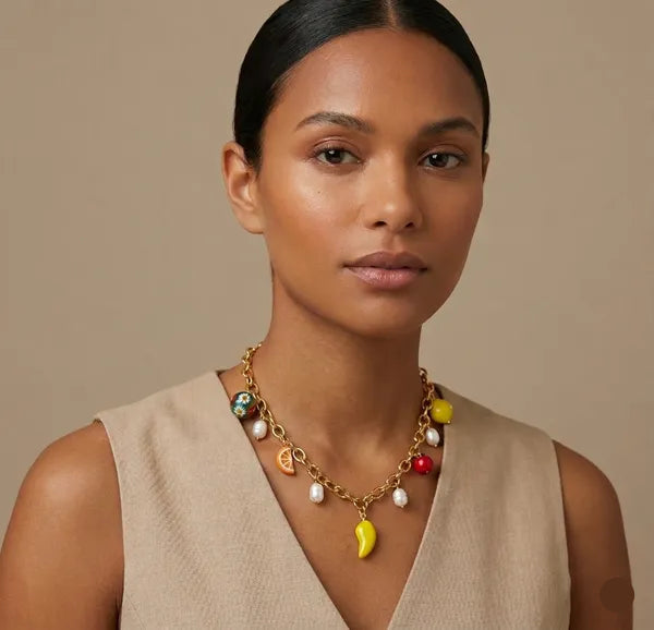 Gold-Toned Multi Charm Statement Necklace for Women | Colorful Beaded Charm Chain Necklace