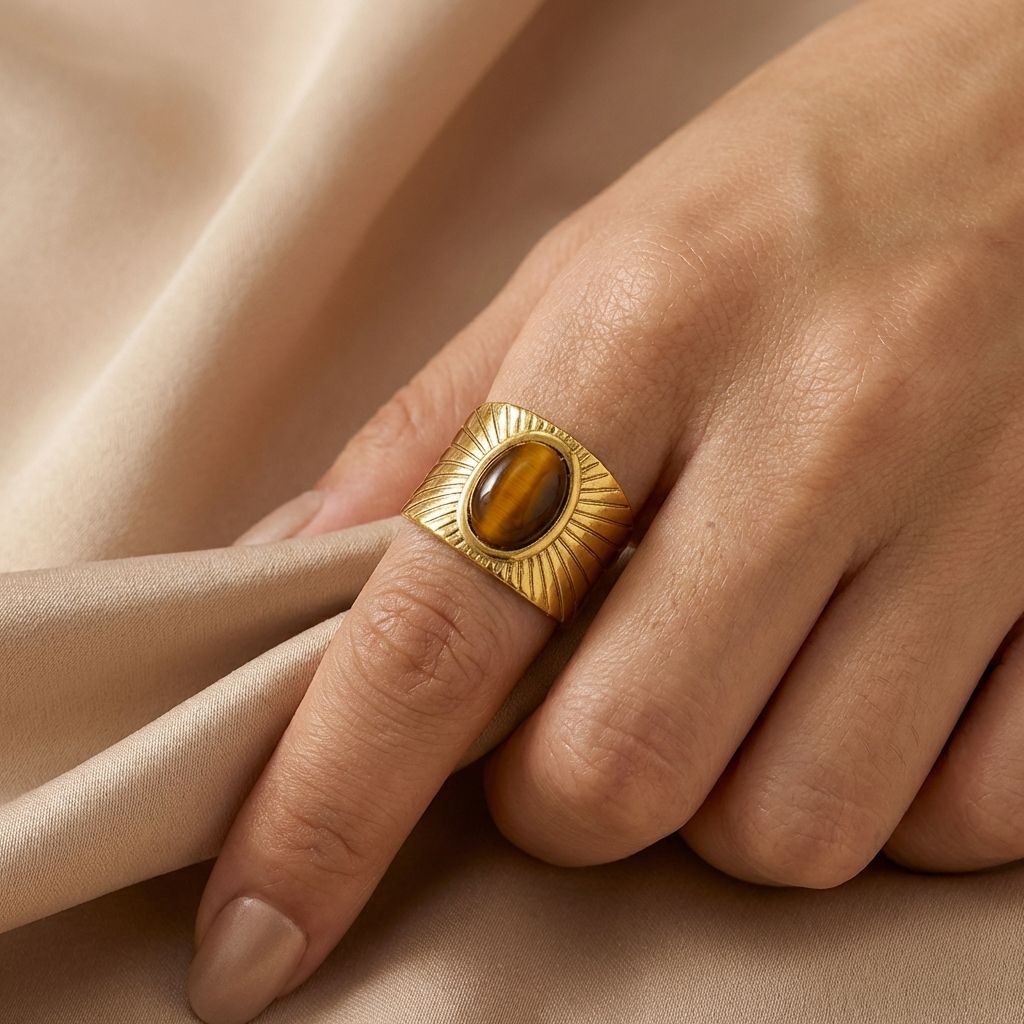 Adya Solar Glow Gold-Plated Tiger Eye Statement Ring for Women