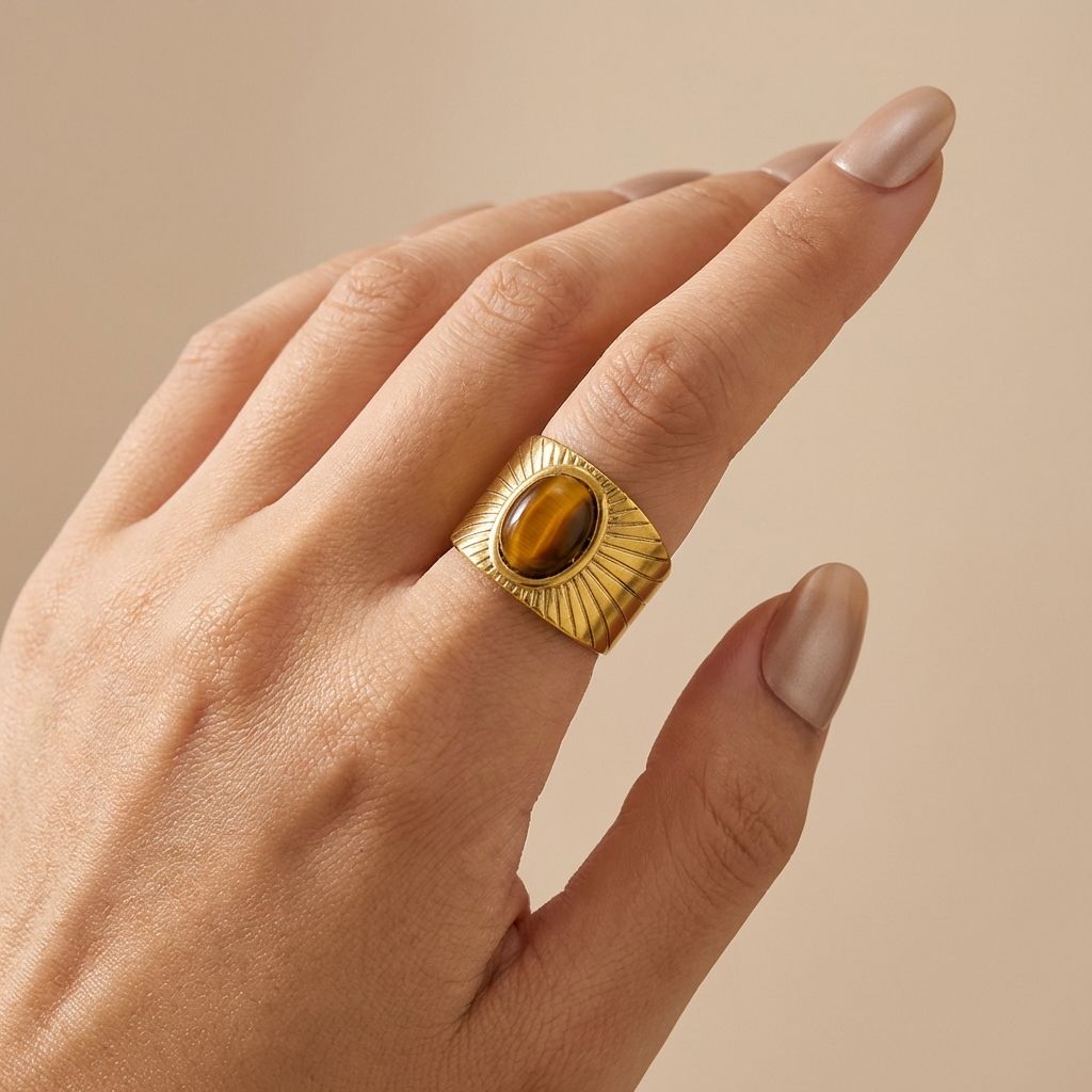 Adya Solar Glow Gold-Plated Tiger Eye Statement Ring for Women