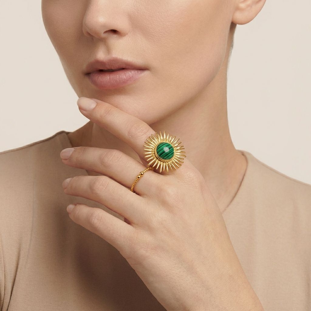 Adya Gold And Green Emerald Sunburst Ring For Women