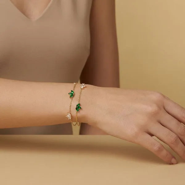 Gold-Toned Butterfly Crystal Bracelet for Women | Adjustable Double-Layer Chain Bracelet