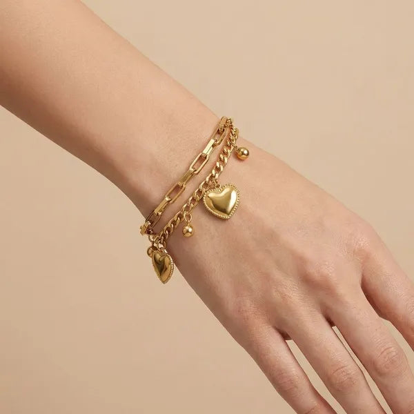 Gold-Toned Layered Heart Charm Bracelet for Women | Adjustable Chain Bracelet